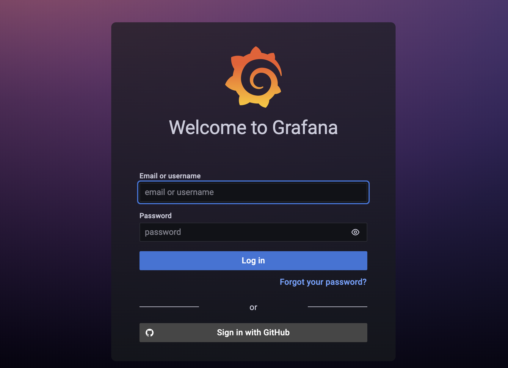 Grafana login page, now showing option to sign in with GitHub