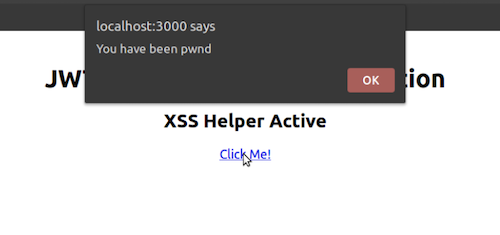 Screencapture of a successful XSS attack that displays the "You have been pwned" pop-up