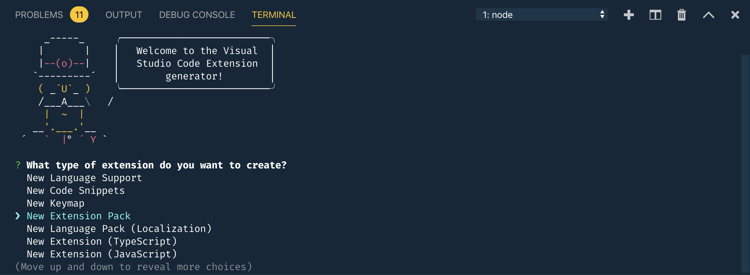Output from <code>yo code</code> with the expension pack project choices
