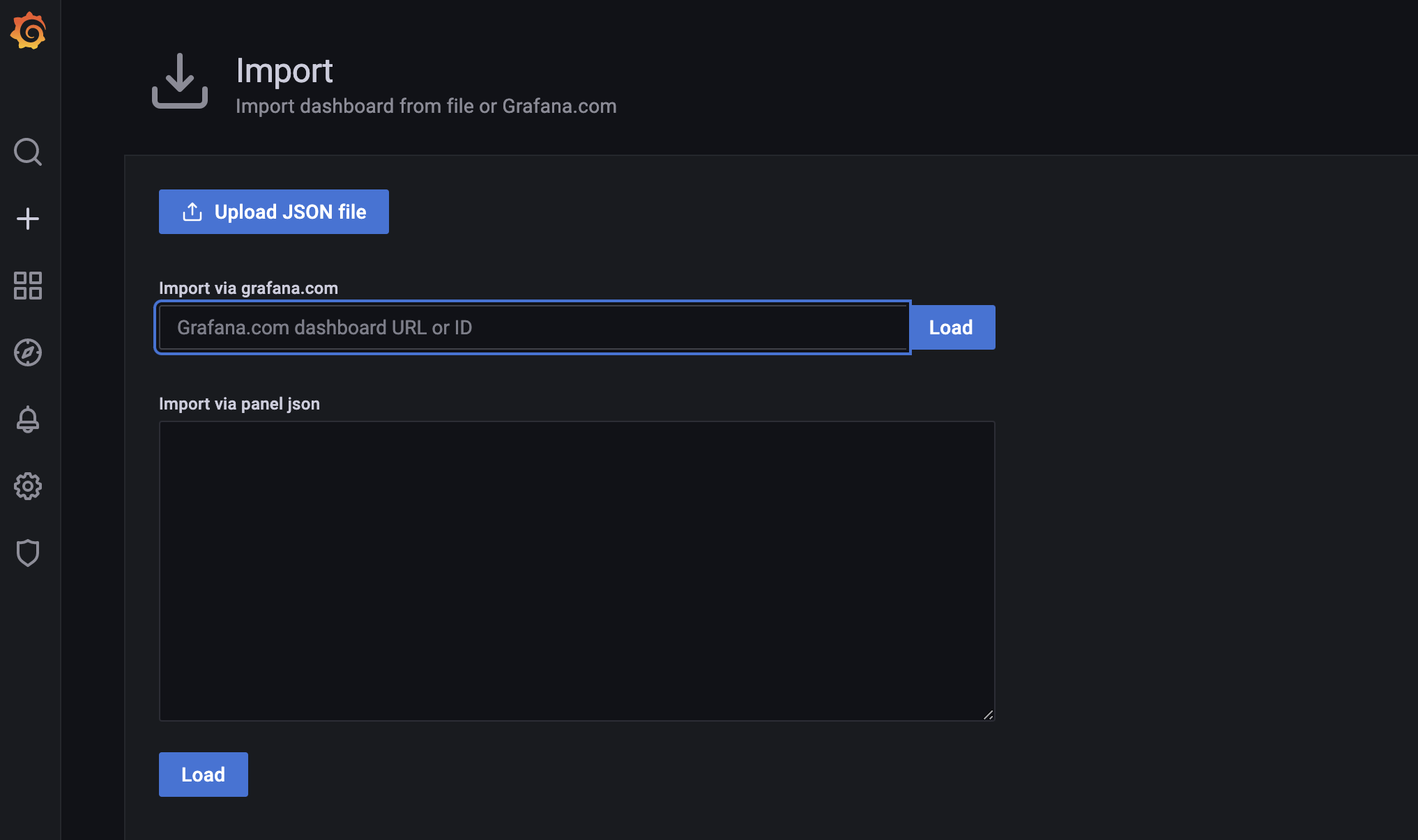 Screencapture showing the options for uploading a JSON file or adding a Dashboard ID