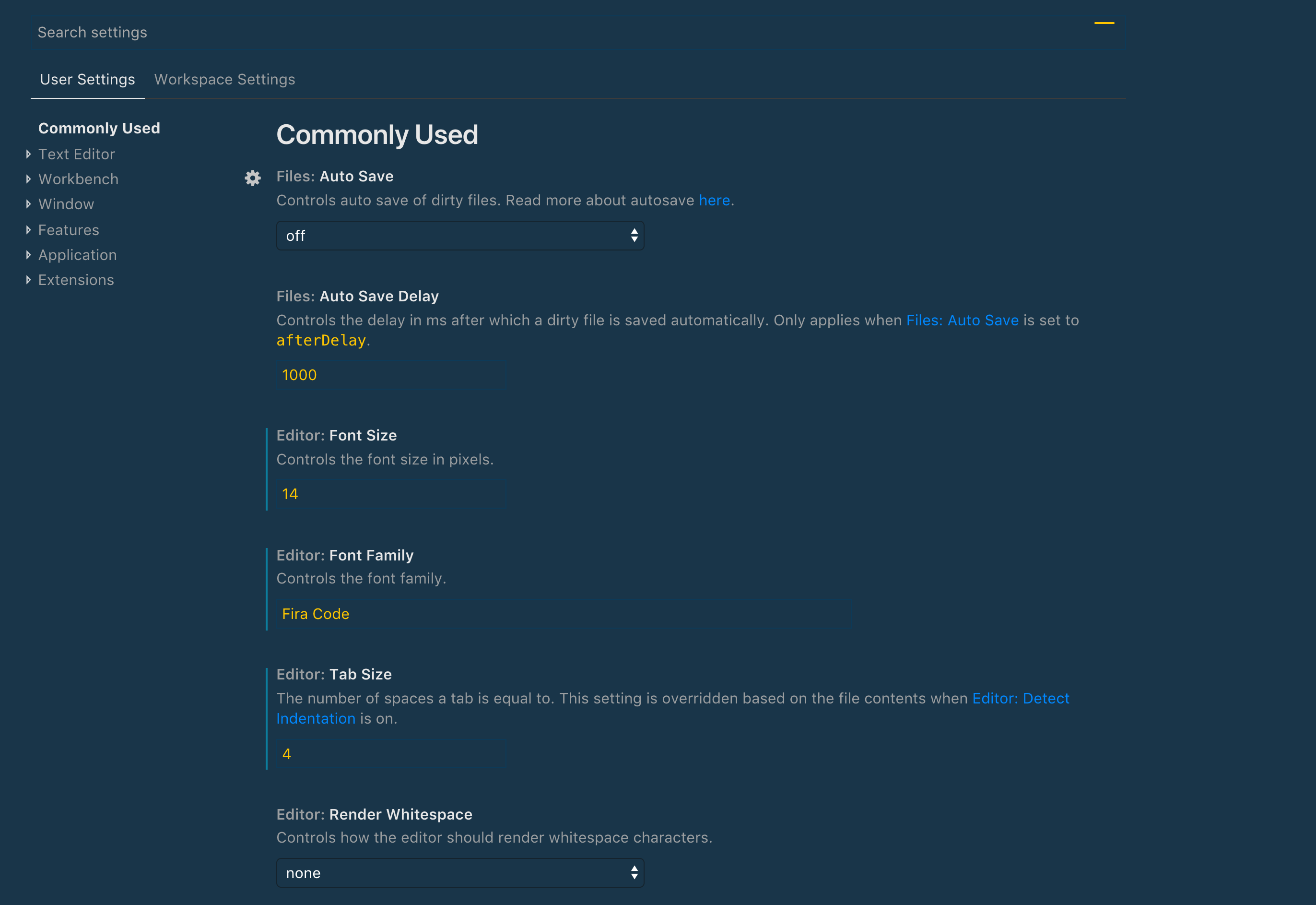 User settings window in view