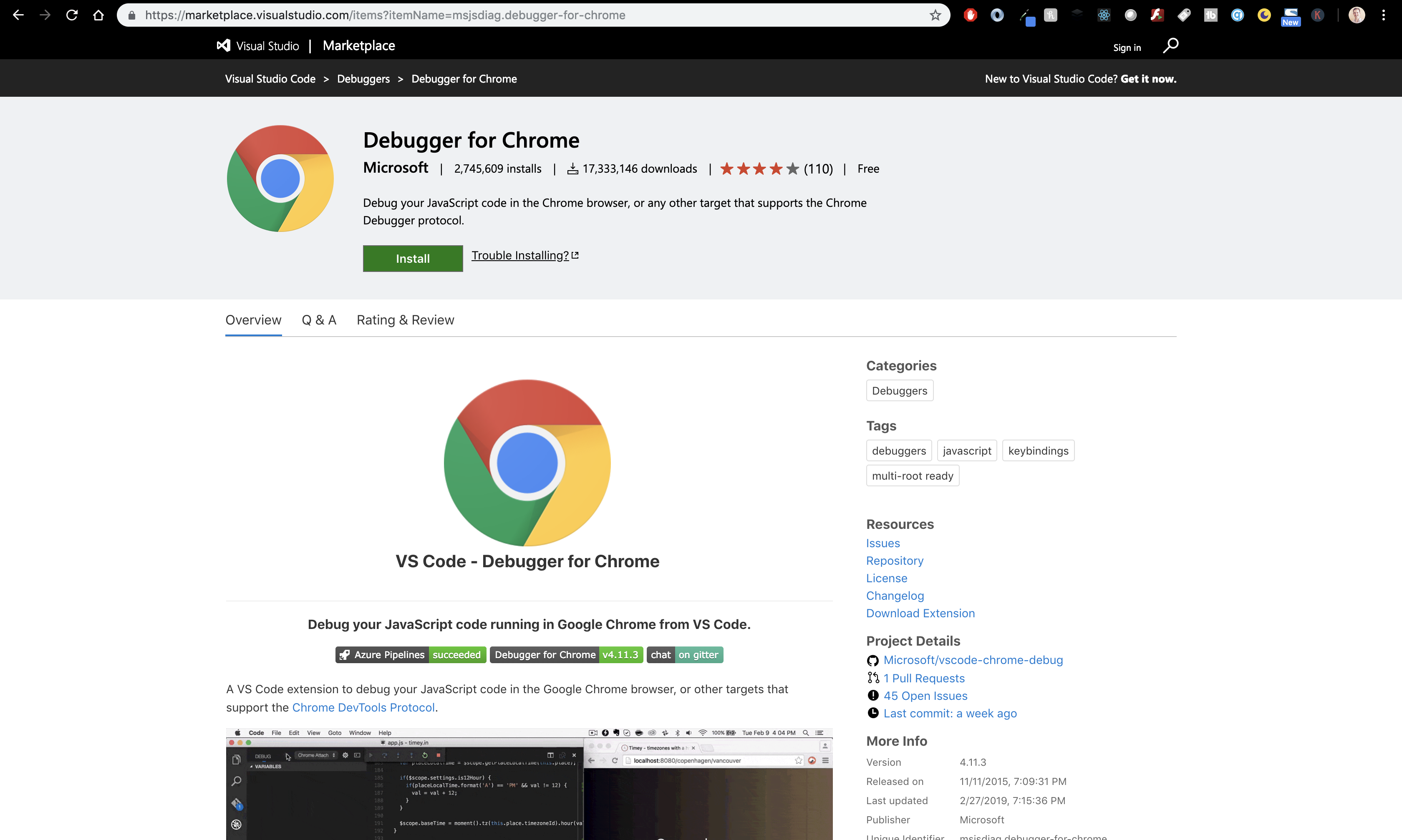 homepage of the the VS Code Debugger for Chrome extension