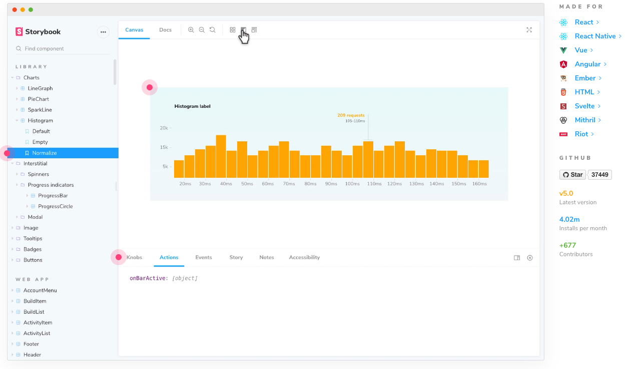 Screenshot of the Storybook UI component dashboard.