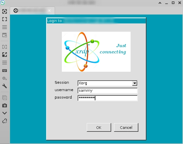 Screencapture showing the xrdp Login Screen with <code>Xorg</code> selected for session type, <code>sammy</code> filled in the username box, and a redacted password in the password box