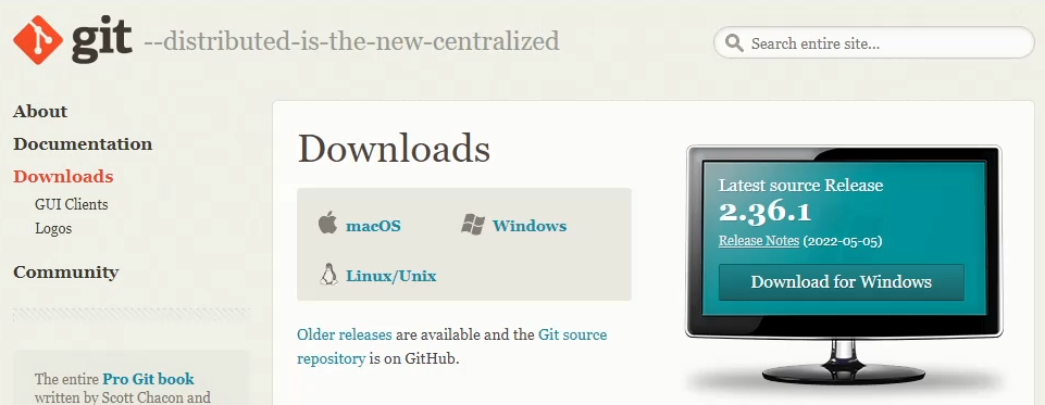 Screencapture of the downloads page on the Git website