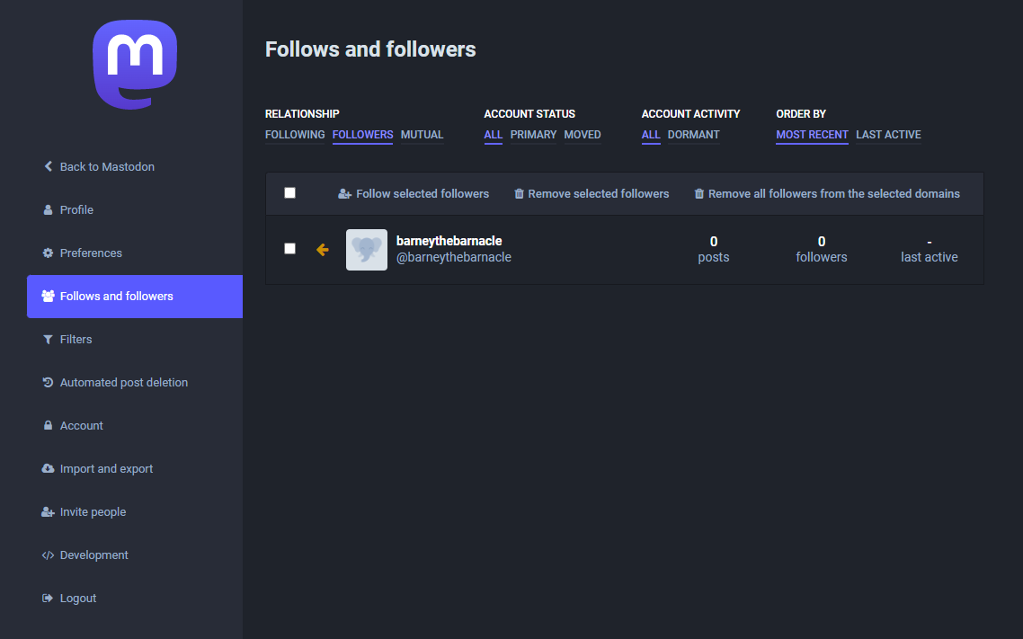 Mastodon UI review your current followers