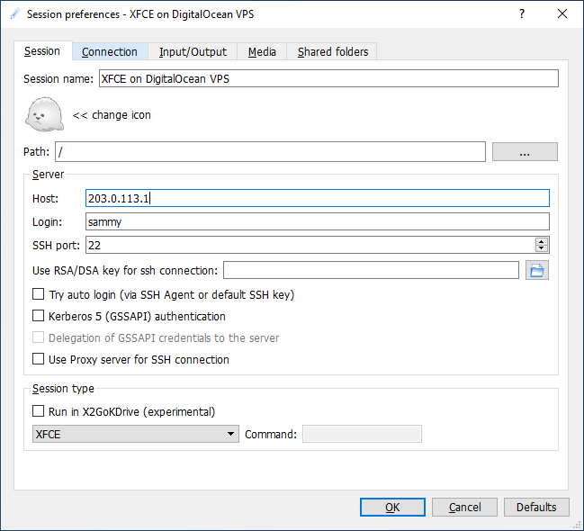 X2Go Client Screenshot - Creating a New Session