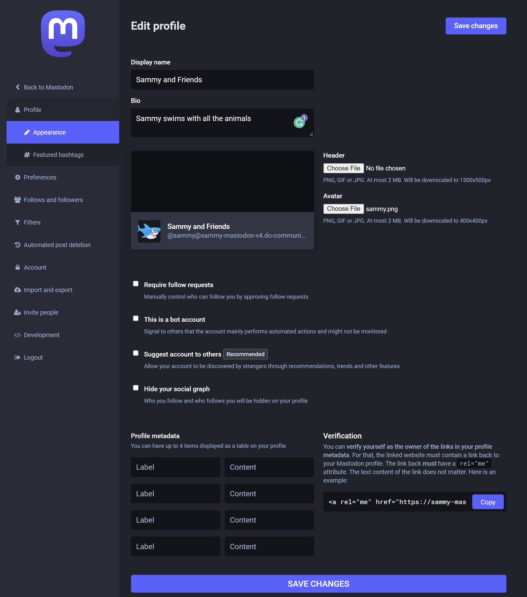 Mastodon UI for profile settings