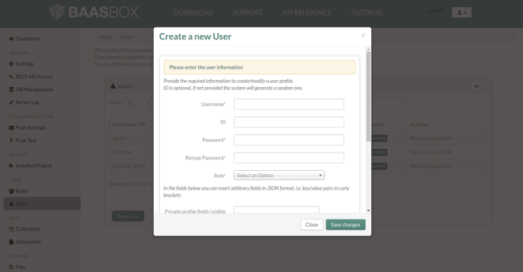 BaasBox Admin Console - New User