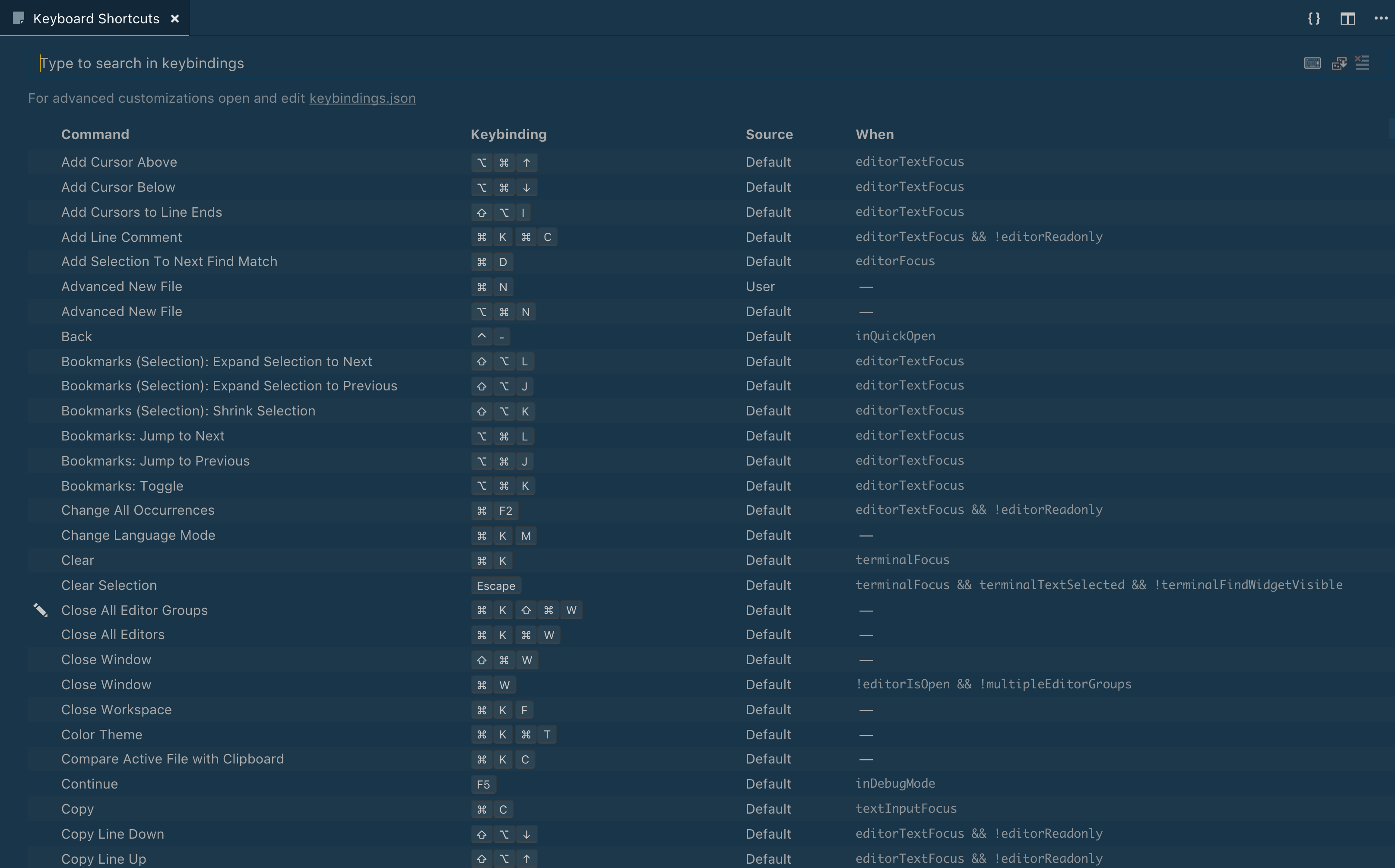 the shortcut menu for viewing and customizing in Visual Studio Code