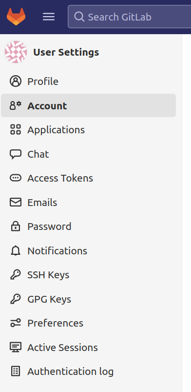 GitLab Account selection in the left navigation bar