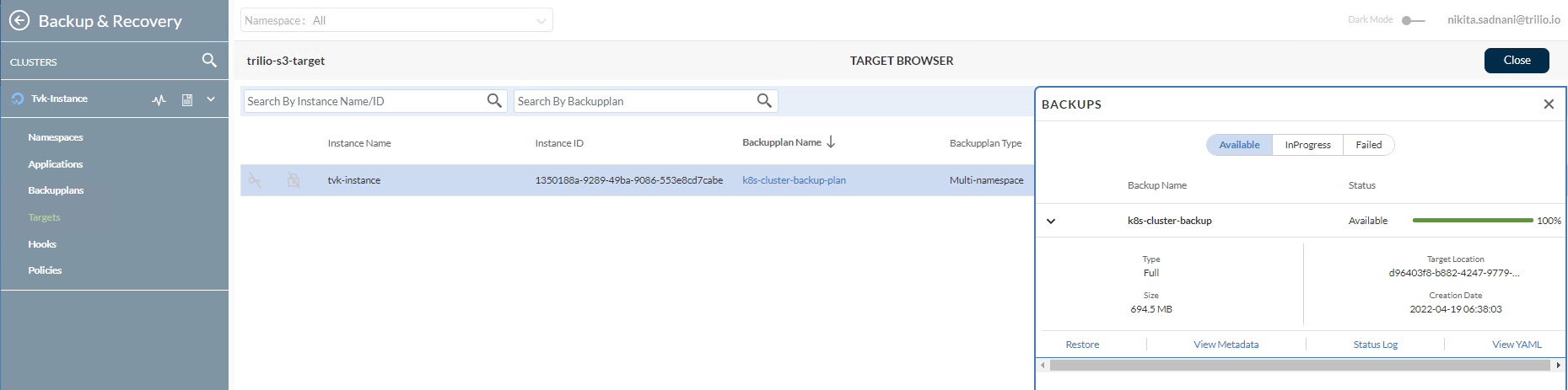 Screencapture showing the TVK Cluster Backup item