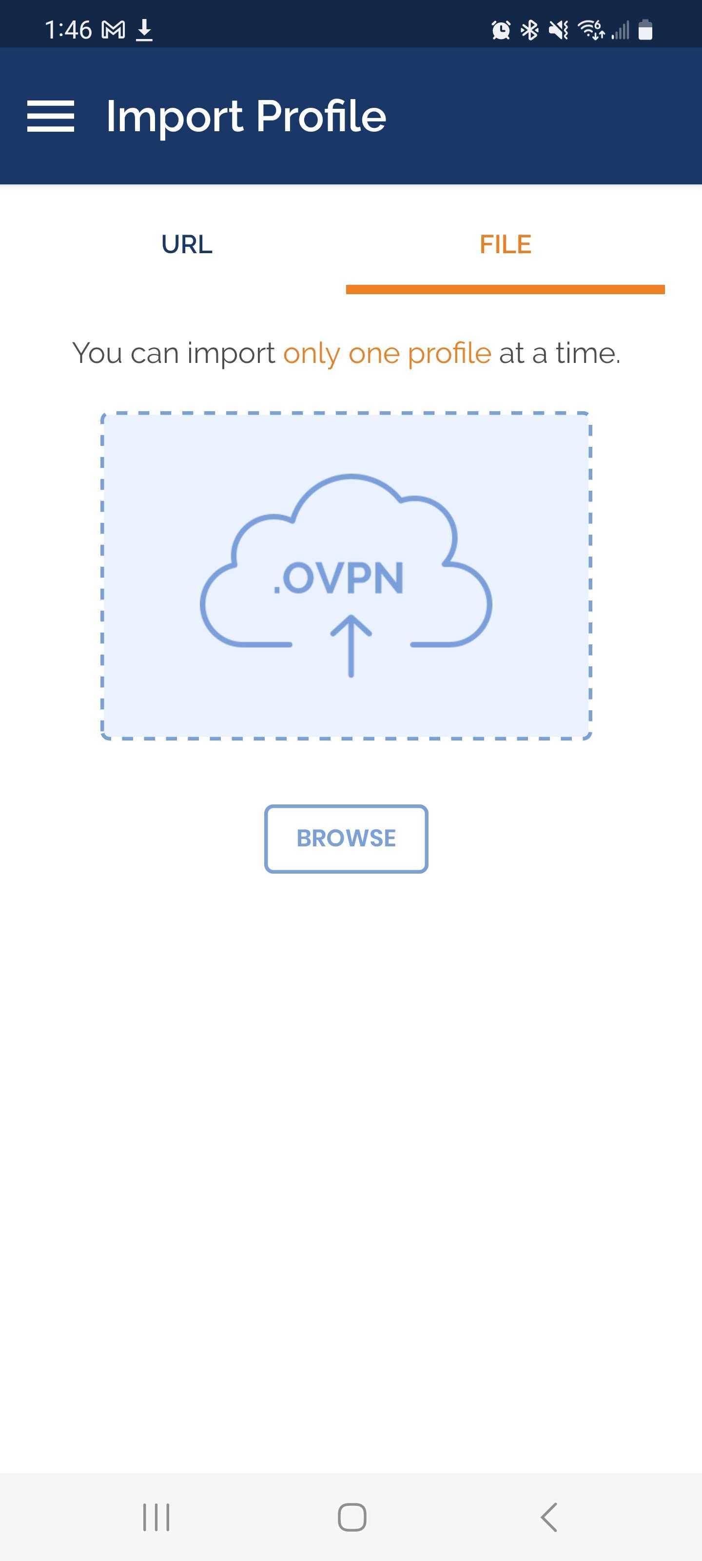 The OpenVPN Android Import Profile screen