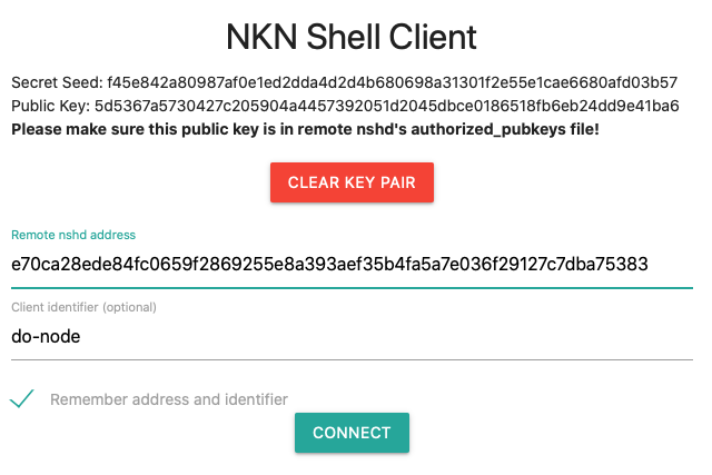 The nsh website with remote address filled in