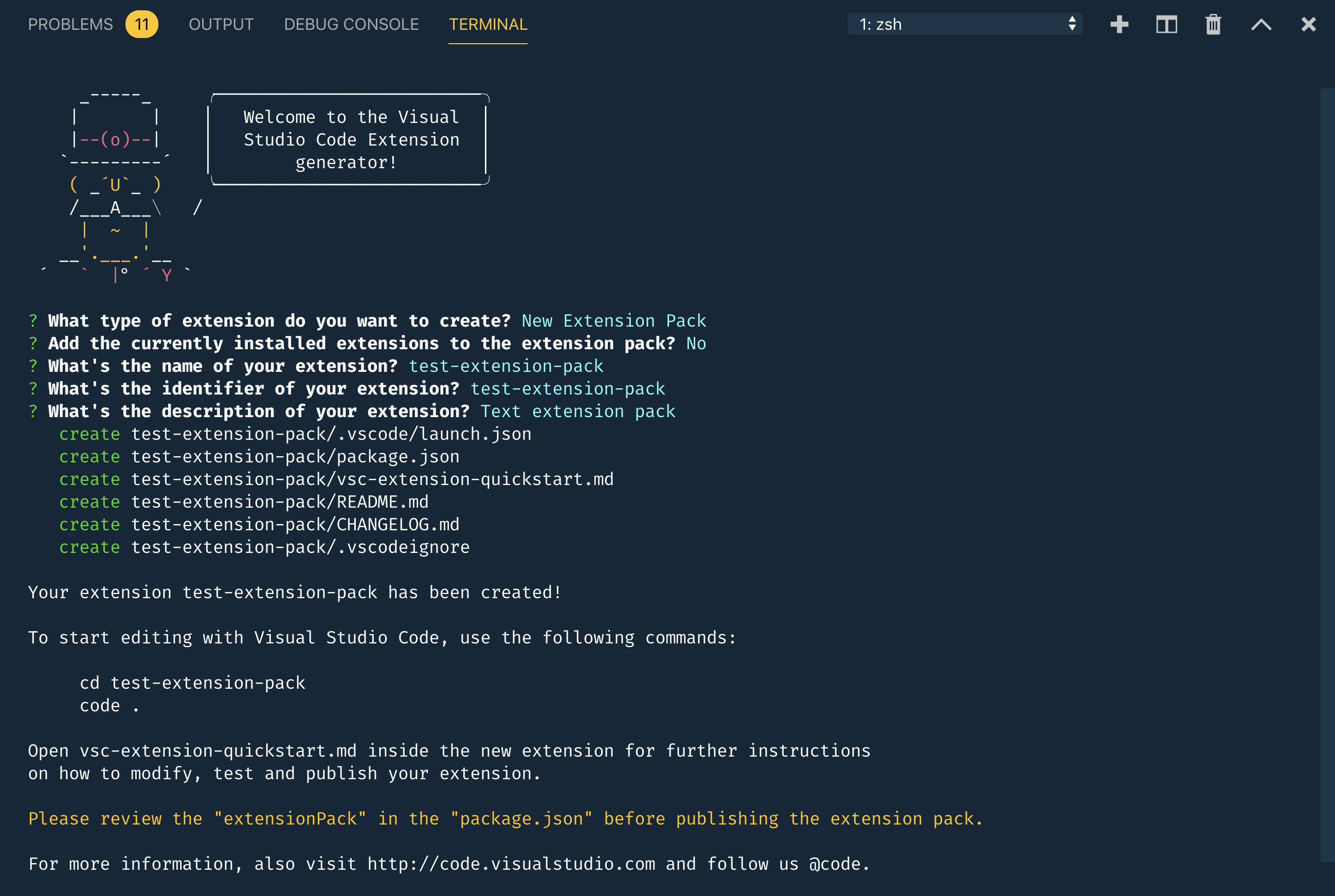 Output showing that the extension has been generated