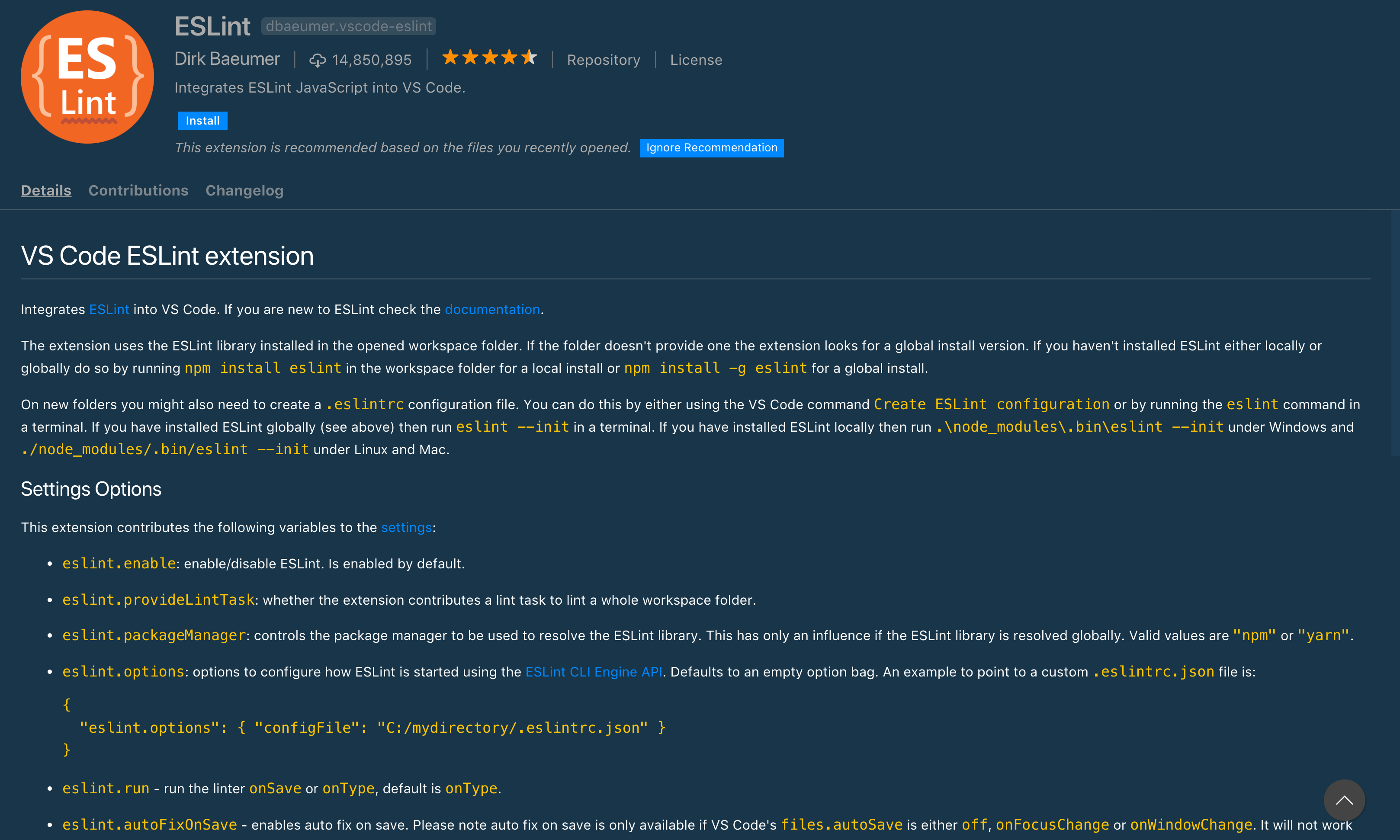 Image of the ESLint page