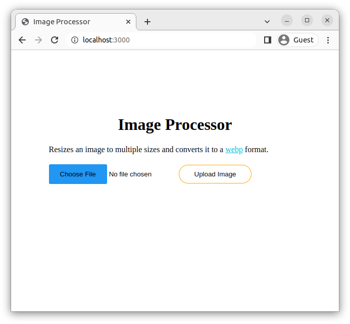 Screencapture of the application homepage with a title reading "Image Processor" and two buttons: a square Choose File button in blue and a rounded Upload Image button with an orange outline.
