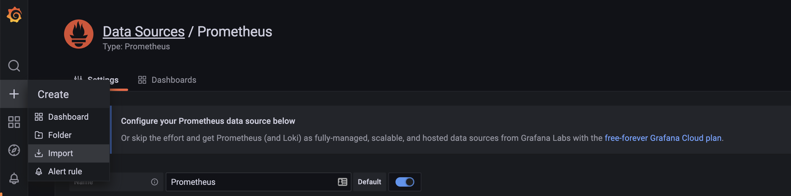 Screencapture showing the option to add Prometheus as a data source in Grafana