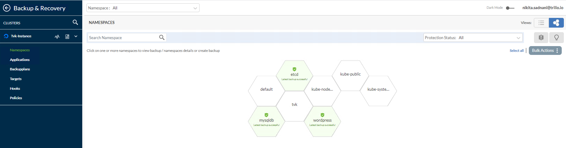 Screencapture showing the honeycomb view of the namespaces