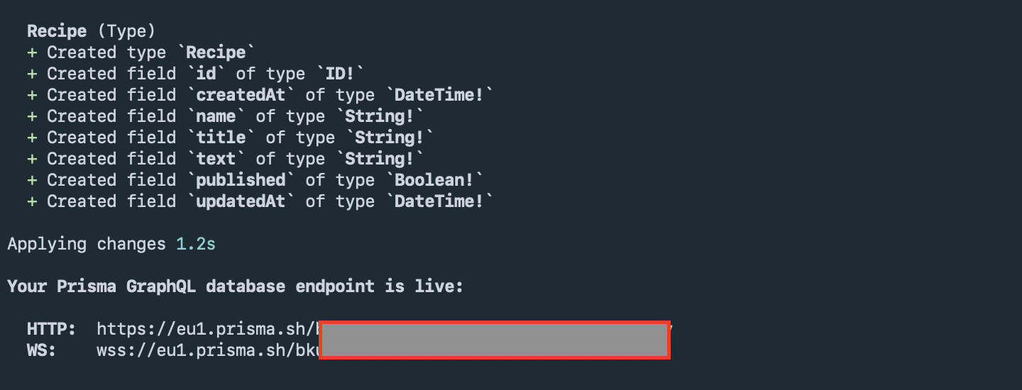 Output showing the created models and Prisma endpoint