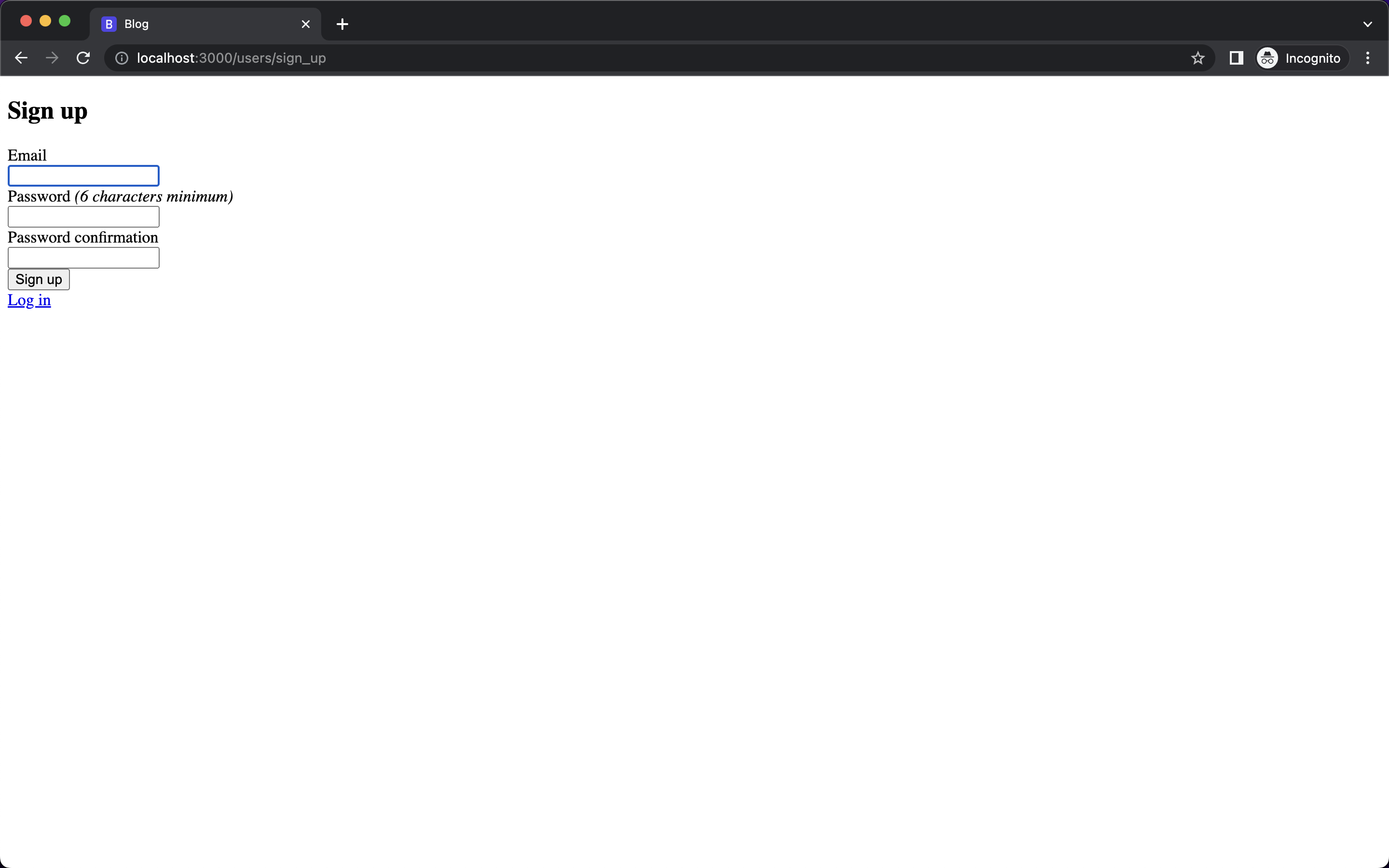 The signup page generated by Devise