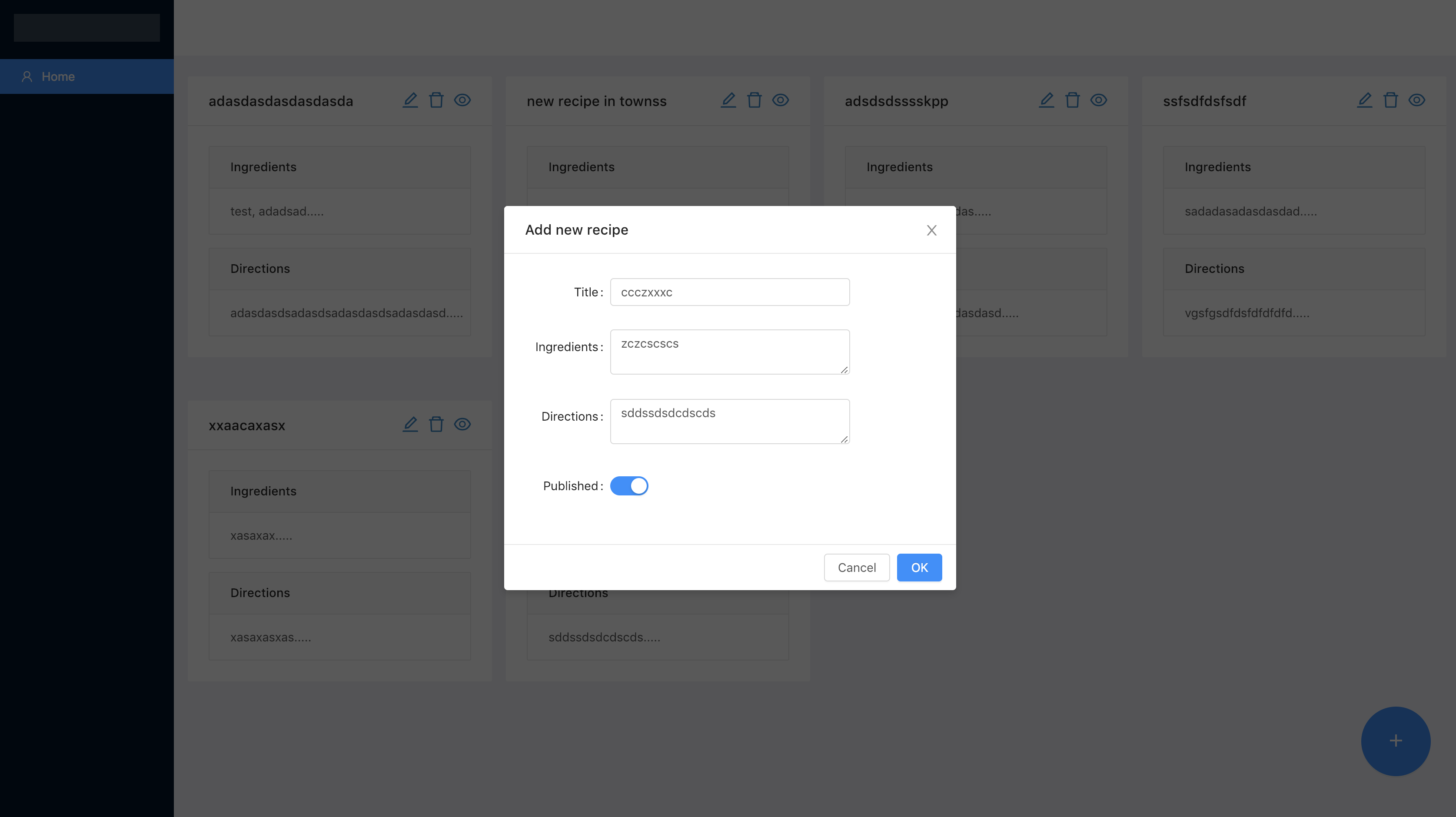 Pre-filled editing form for recipe test app
