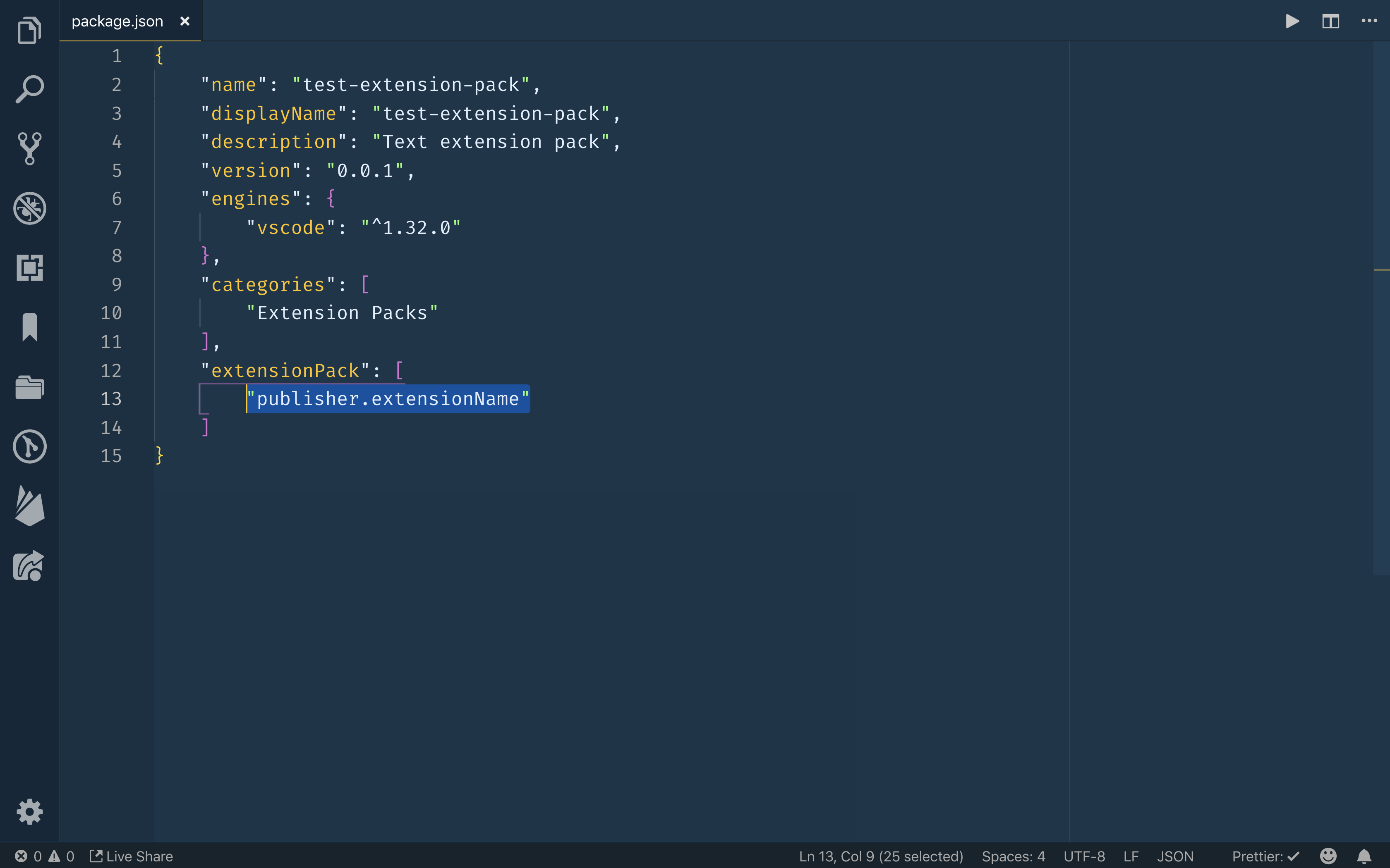 package.json file with the extensionPack line highlighted