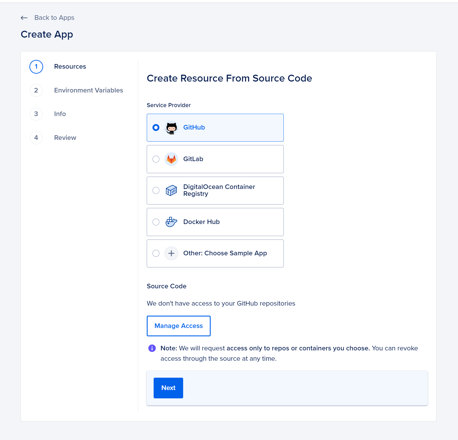 DigitalOcean Cloud console page for "Manage GitHub Access"