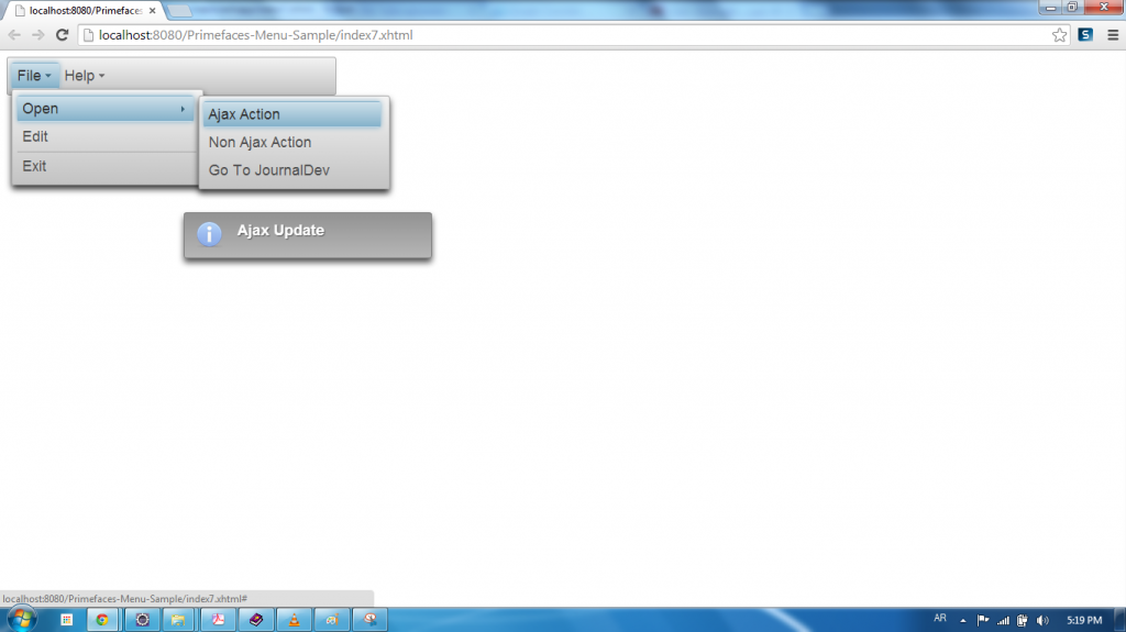 Primefaces Menubar - Menuitem - Ajax Action