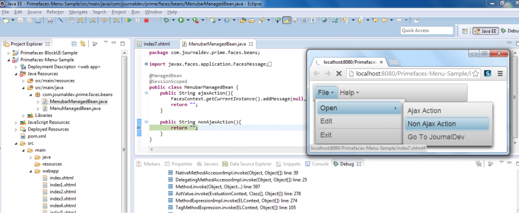 Primefaces Menubar - Menuitem - Non Ajax Action