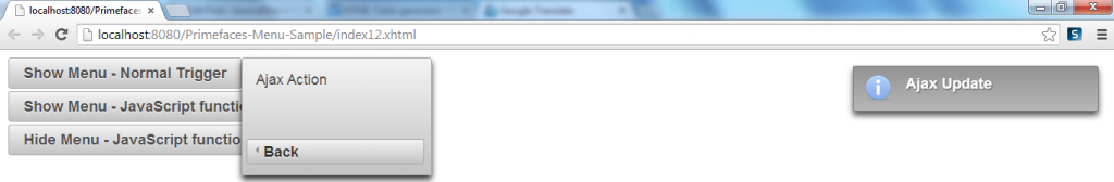 Primefaces SlideMenu - Example - Invoke Ajax Action