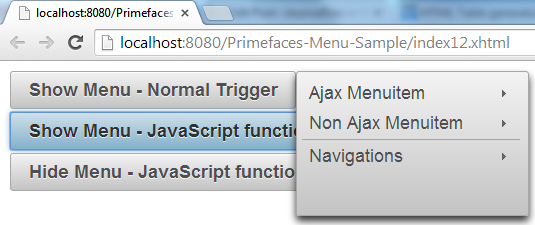 Primefaces SlideMenu - Example - Show Menu By Calling JavaScript API