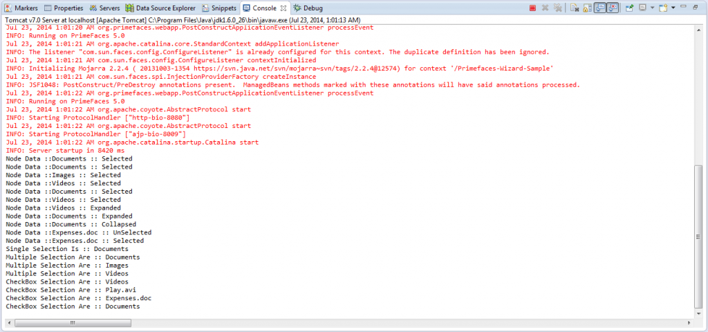 Primefaces Tree, Primefaces Tree Selection Modes - Ajax Select And UnSelect Events - Console Messages