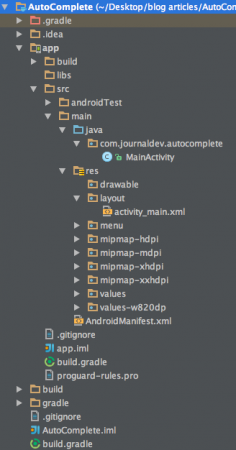 Android AutoCompleteTextView示例项目structure