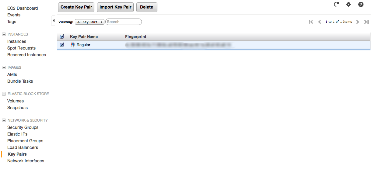 Amazon EC2 Key Pairs page