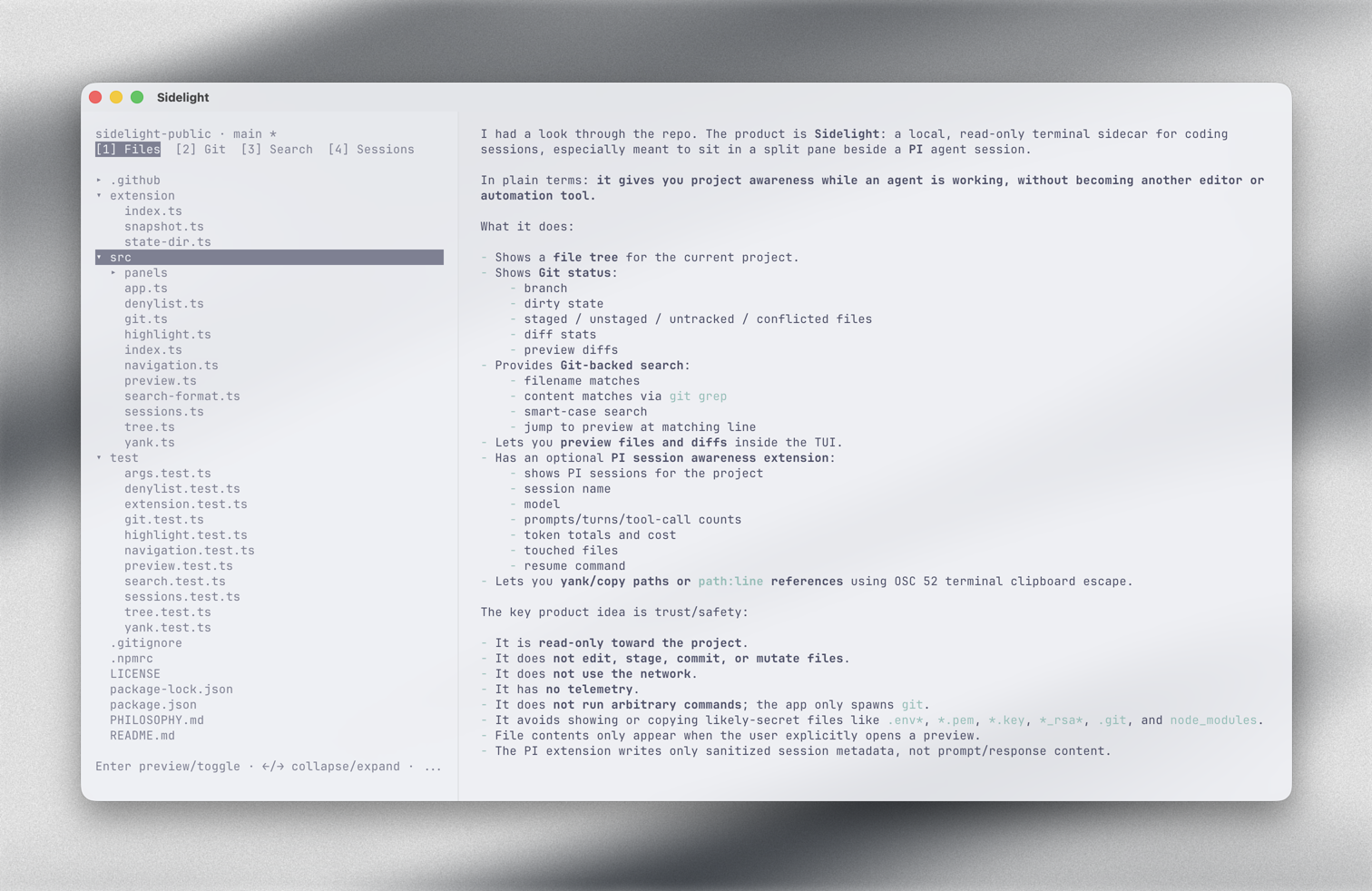 sidelight running in a Ghostty split beside a PI session: file tree on the left, the agent describing the project on the right