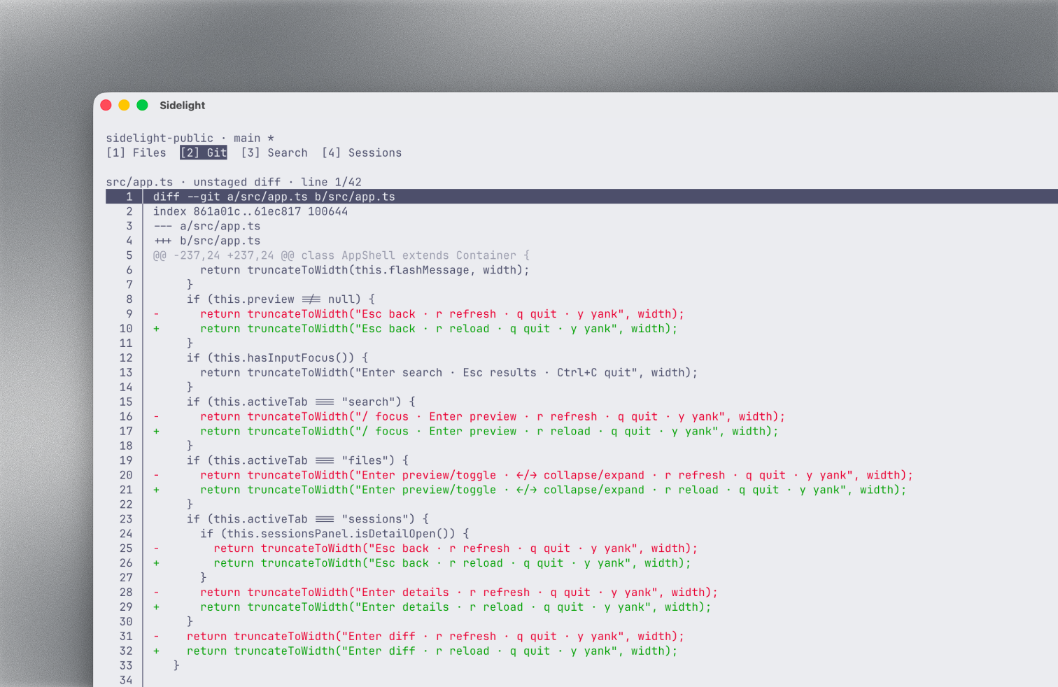 Git panel diff view with green additions, red removals, and dim hunk headers