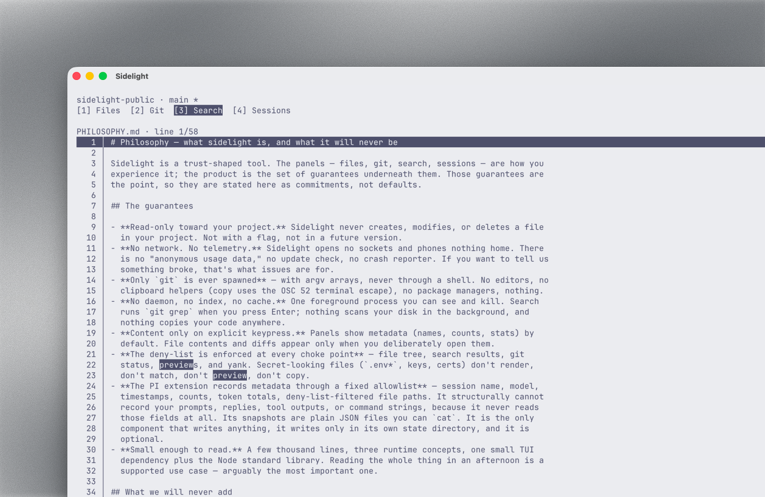 File preview with cursor line and highlighted search matches