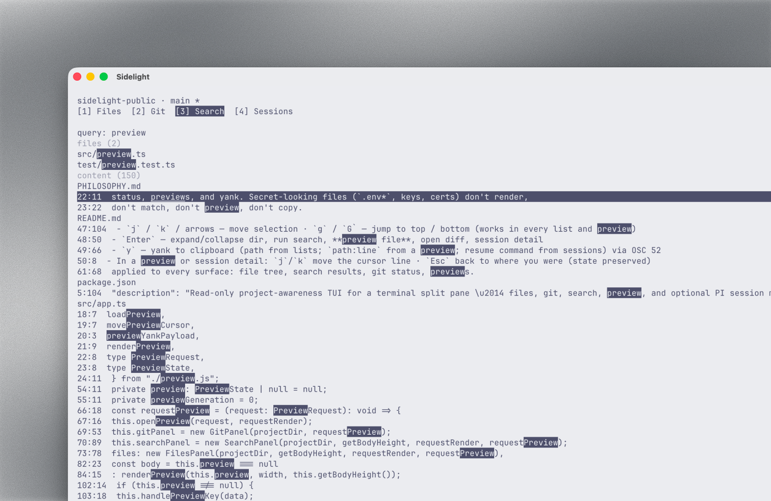 Search results with a files section and highlighted content matches grouped by file
