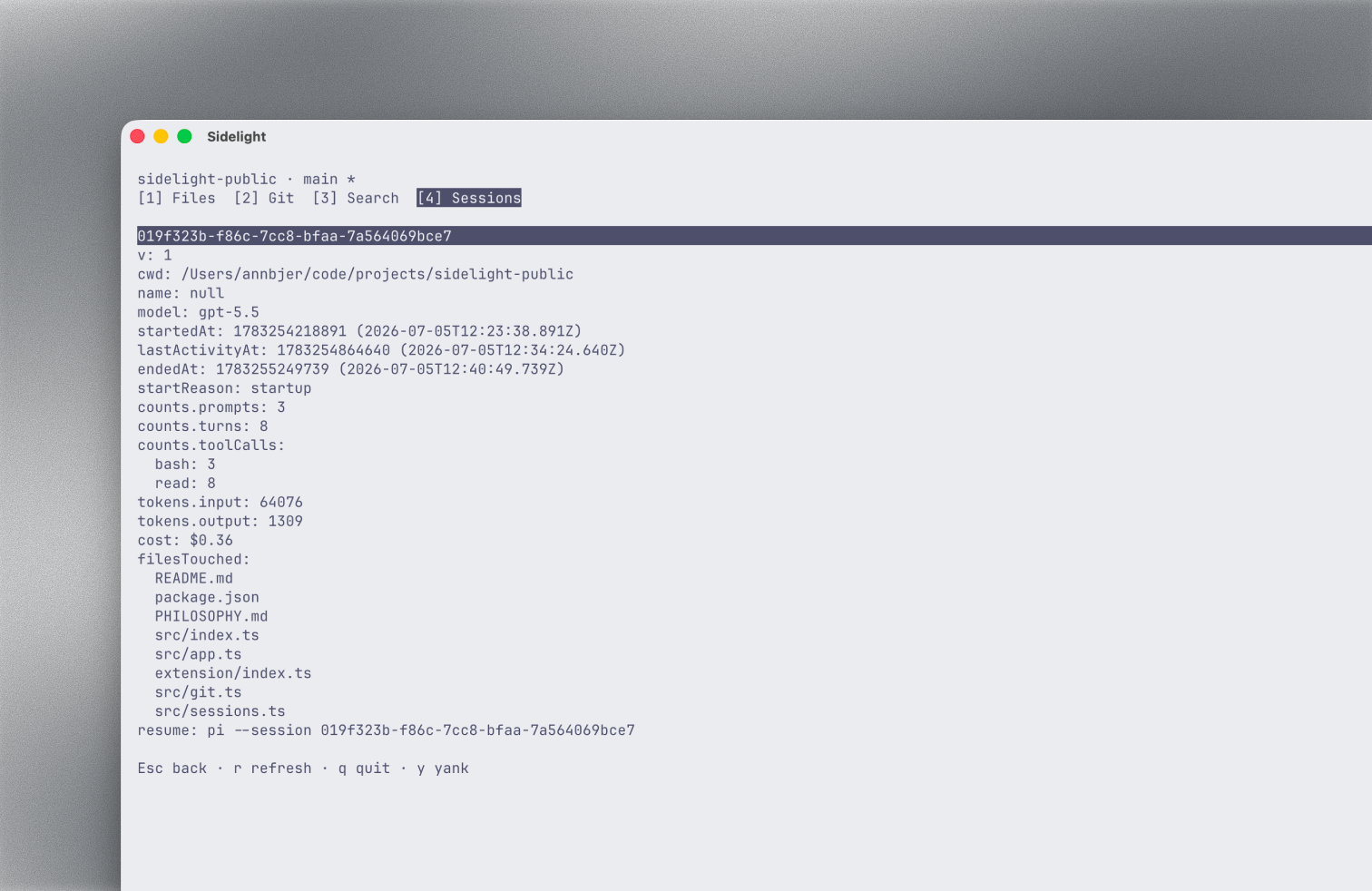 Session detail showing prompts, turns, tool calls, tokens, cost, files touched, and a resume command