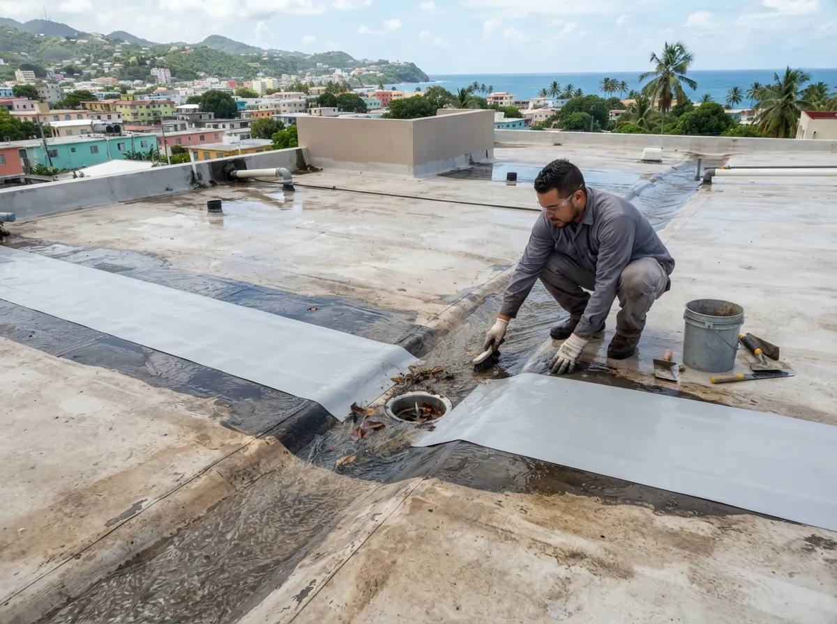 Corrección de pendiente y drenaje de techo de Ilatek Techos en Aguada, Puerto Rico — empozamiento