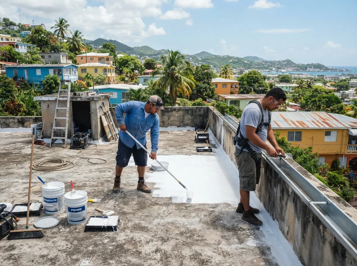Equipo de Ilatek Techos reparando y sellando techos en Puerto Rico