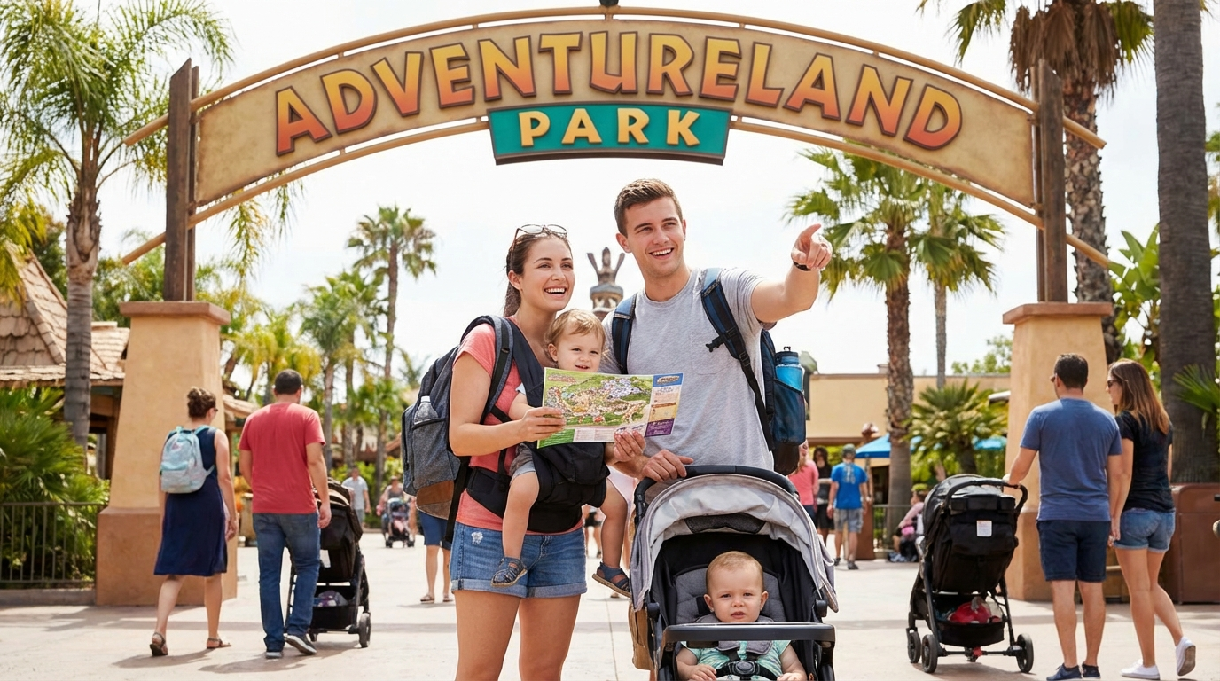 Familia bebé parque temático