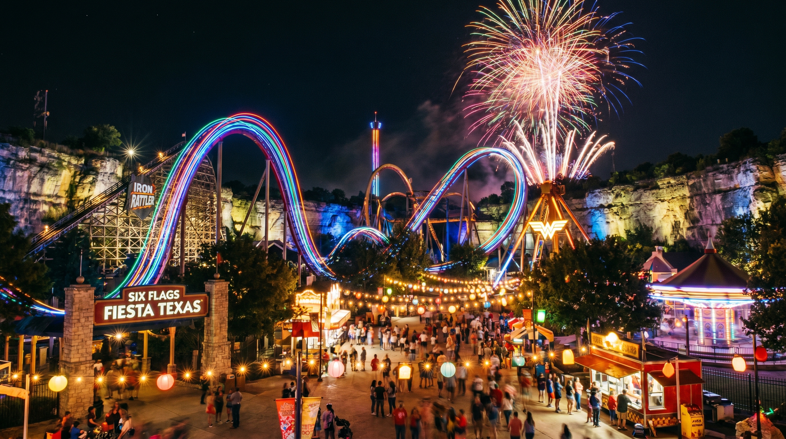 Six Flags Fiesta Texas de noche iluminado
