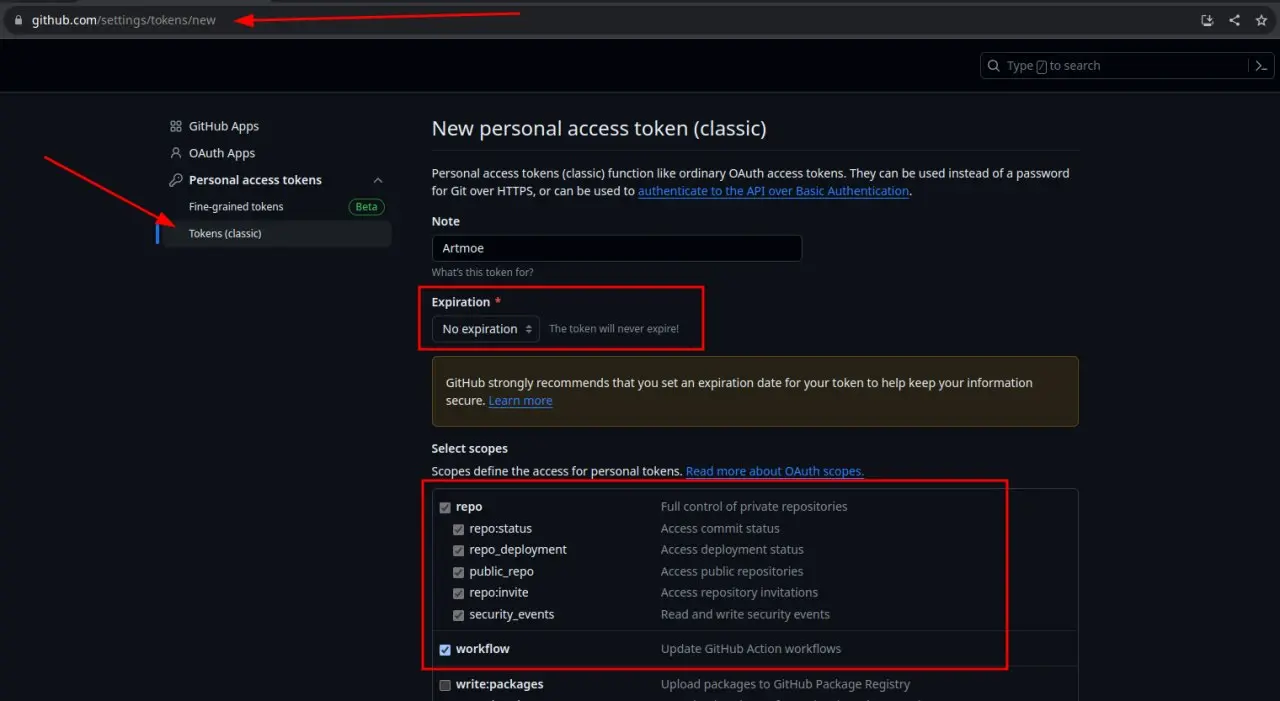 New personal access token (classic)