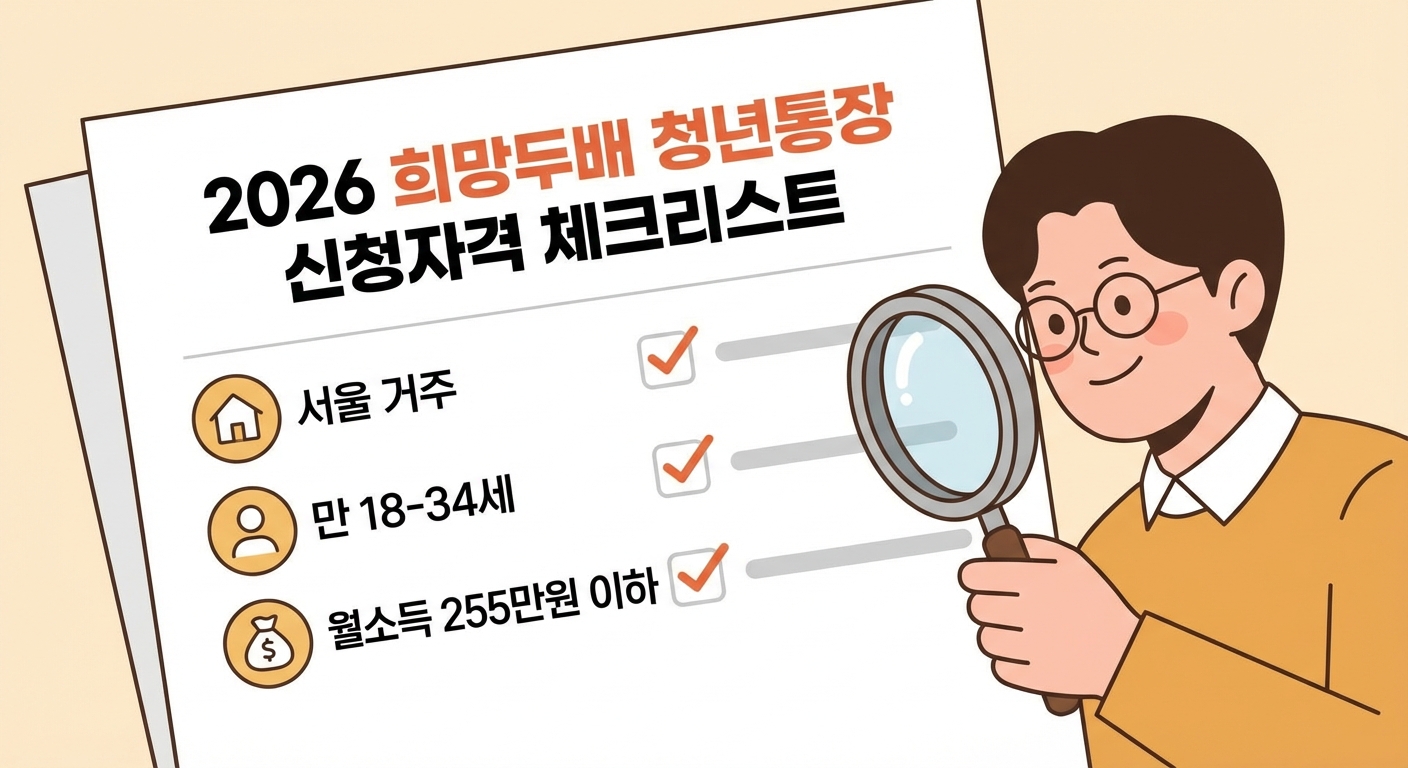2026년 희망두배 청년통장 신청 자격 조건 체크리스트. 서울 거주, 연령, 소득, 재산 기준 등을 꼼꼼히 확인하는 이미지.