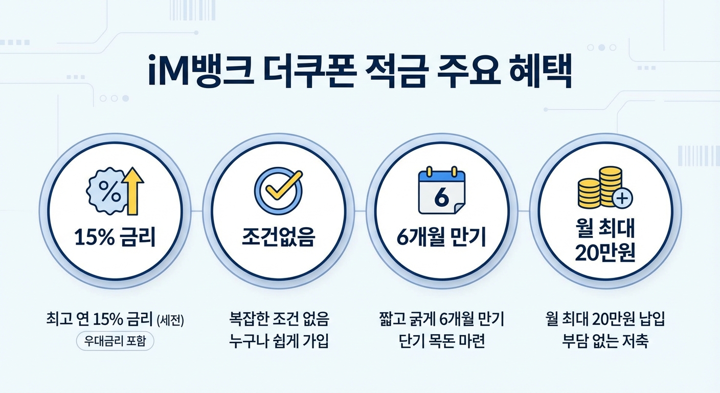 iM뱅크 더쿠폰 적금의 핵심 혜택을 정리한 인포그래픽