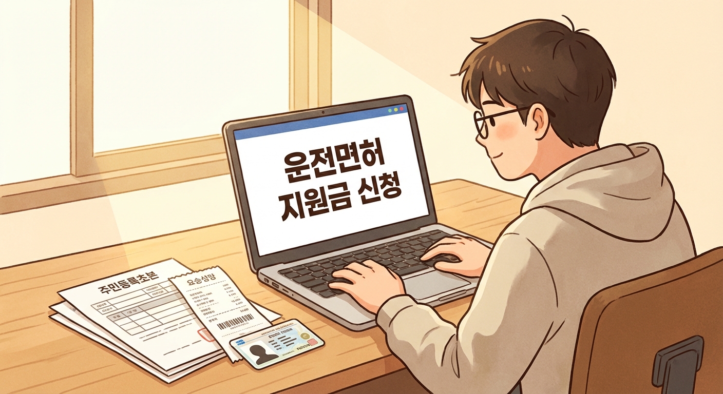 청년 운전면허 지원금 신청을 위해 온라인으로 서류를 준비하는 모습