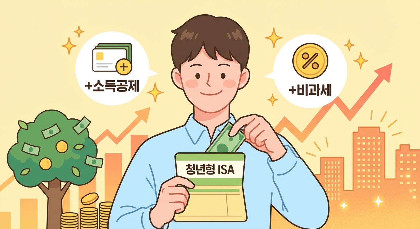 청년형 ISA의 소득공제와 비과세 혜택을 시각적으로 보여주는 일러스트. 한 청년이 자신의 자산이 늘어나는 것을 보며 기뻐하고 있다.
