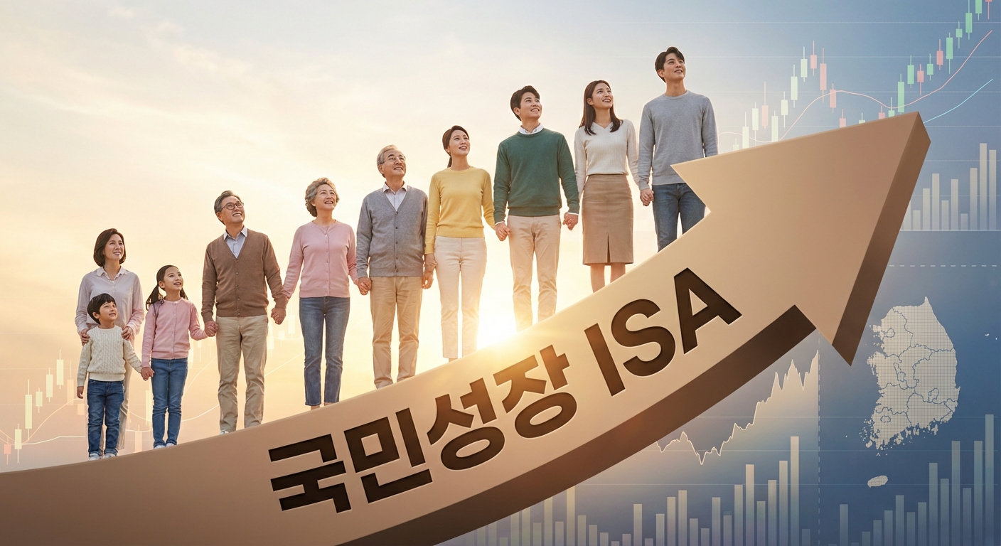 모든 연령대의 국민이 국민성장 ISA를 통해 혜택을 받는 모습을 상징하는 이미지. 상승하는 그래프는 자산 증대를 의미한다.